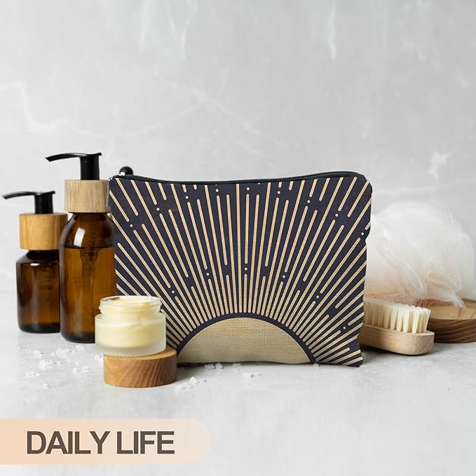 RYYCDOI Sunshine Ray Boho Makeup Bag, Granola Girl Gifts, Vintage Navy Blue Boho Neutral Sun boho Bags for Women, Art or Journaling Pouch, Boho Gifts for Women