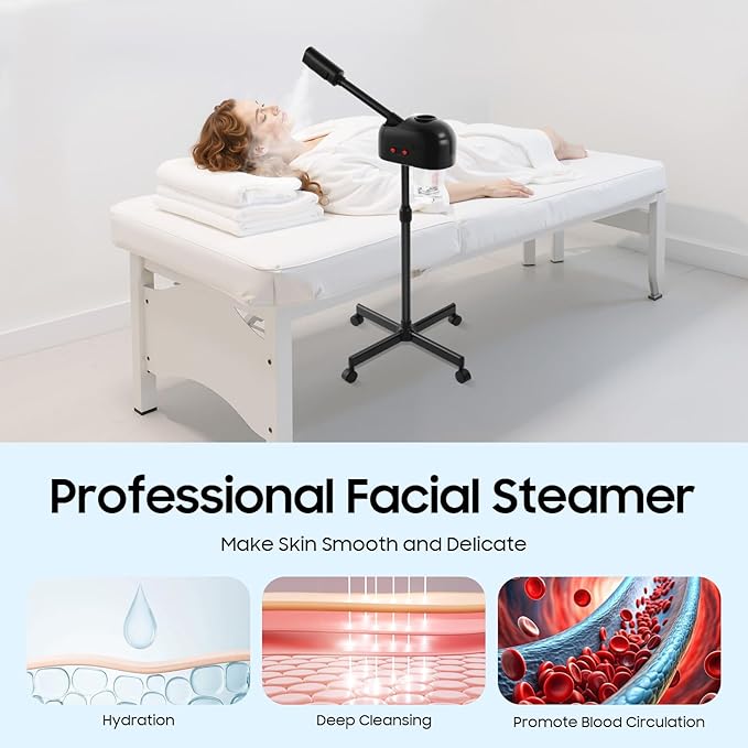 Professional Facial Steamer, Pedicure Steamer Machine with Water Tank and Wheel, Floor Standing Skin Care Equipment for Barber Stores, Beauty Salons (Black)