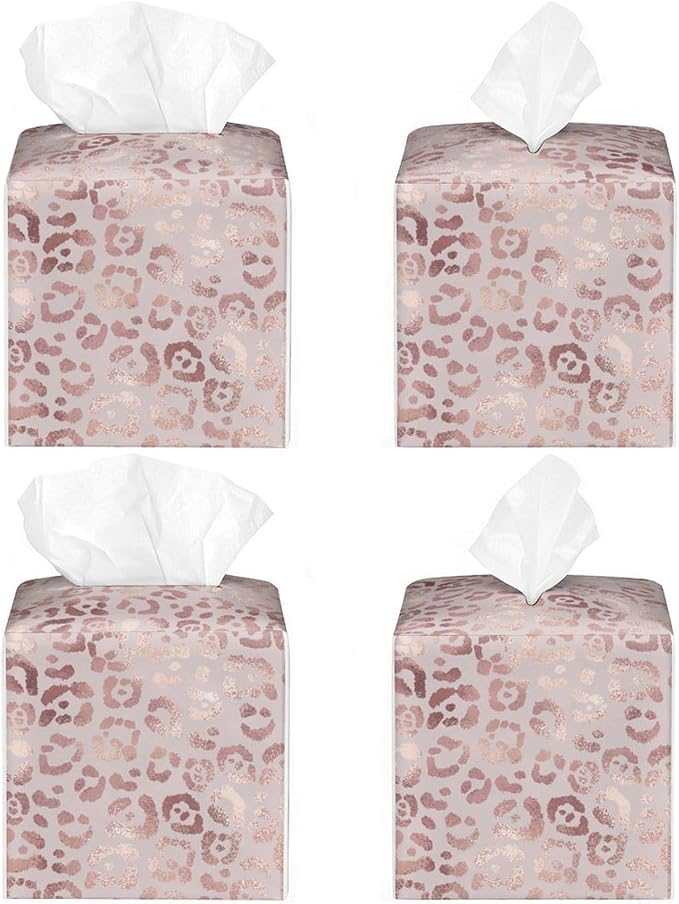 Pink Leopard Tissue Box Cover Leather Tissue Box Holder Square Facial Paper Organizer Dispenser for Bathroom Kitchen Bedroom Vanity Countertop Night Stands