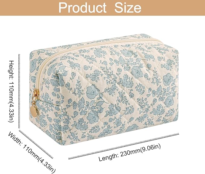 HHQQWZ Cute Square Floral Cotton Makeup Cosmetic Bag for Women Girls, Travel Quilted Zipper Make Up Bag, Square Flowers Organizer Case Kawaii Makeup Cosmetic Travel Cloth Pouch (Blue Floral)