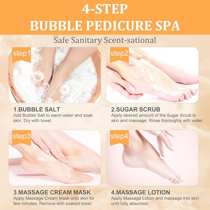 nbc BeautiLab Pedicure Kit Foot Soak Set: Bubble Salt, Sugar Scrub, Massage Mask, Massage Lotion in a Box, 4 Step Foot Spa Kit for Dry Feet, Softens Calluses and Tired Feet（1 Set Orange)