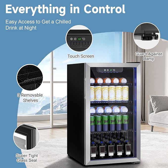 Erivess Compact Beverage Refrigerator,110 Can/3.1 Cubic Feet Fridge with Glass Door for Soda, Beer Under Counter Small Refrigerator with Adjustable Shelve & LED Display(Silver)