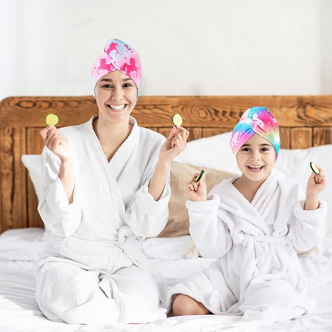2 Pack Kids Hair Drying Towels Girls Unicorn Wet Hair Towel Quick Dry Twisty Hair Towels (Rainbow Unicorn)