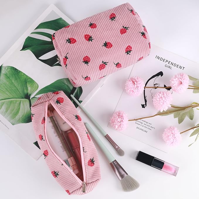 Gocvo 3 Pcs Makeup Bag Cosmetic Bag Set for Girls Women Travel Organizer Bathroom Toiletry Pouch Large Capacity Storage Bag (Strawberry Pink)