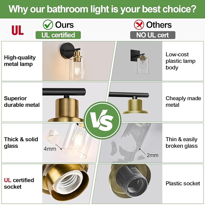 Zarbitta Set of 2 Wall Sconces for Bathroom, Black and Gold Modern Vanity Lights with Clear Glass Shade,Bathroom Wall Lamp for Mirror Kitchen Living Room Hallway Cabinet Porch