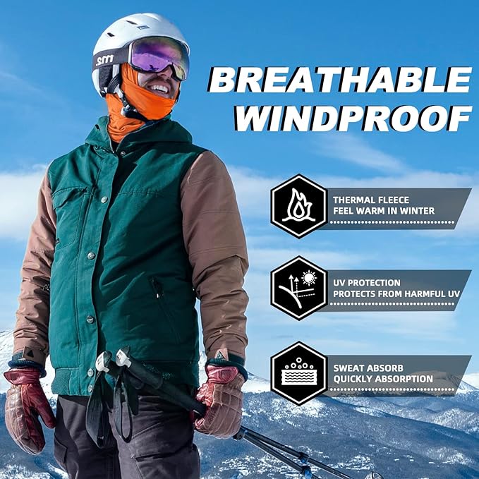 ROCKBROS Cold Weather Balaclava Ski Mask for Men Windproof Thermal Winter Scarf Mask Women Neck Warmer Hood for Cycling (Orange)