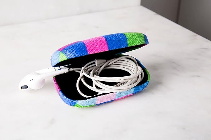 Kikkerland Multi Color Plaid Print Small Travel Portable Compact Organizer Case Container for Earbuds, Jewelry, Loose Change