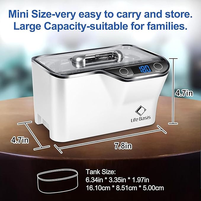 LifeBasis Ultrasonic Cleaner – 45kHz Professional Ultrasonic Jewelry Cleaner 600ML with Built-in Cooling Fan, 5 Digital Timer for Rings, Coins, Watches, Eyeglasses, Dentures, Retainers & More, White