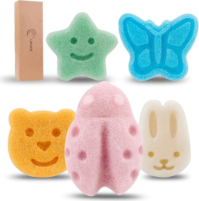 Konjac Baby Sponge Set for Bathing - Natural Soft Bath Sponges for Infants Newborns Toddlers with Cute Cartoon Shapes Safe Organic Kids Baby Bath Loofahs Ideal for Toddler Bath Time (5pcs)
