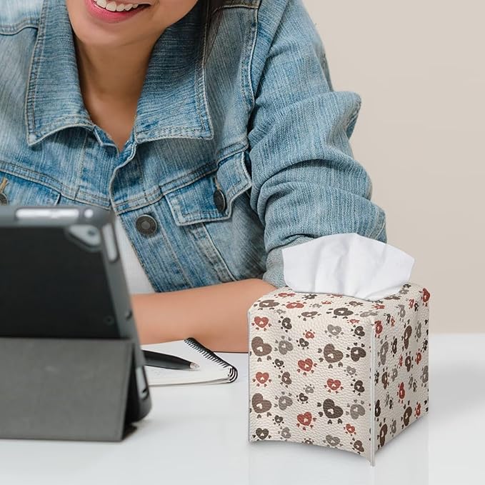 Brown Dog Paws Tissue Box Cover Holder Stylish PU Leather Square Tissue Box Cover with Metal Button Waterproof Napkin Holder for Home Office Car Bathroom Decor