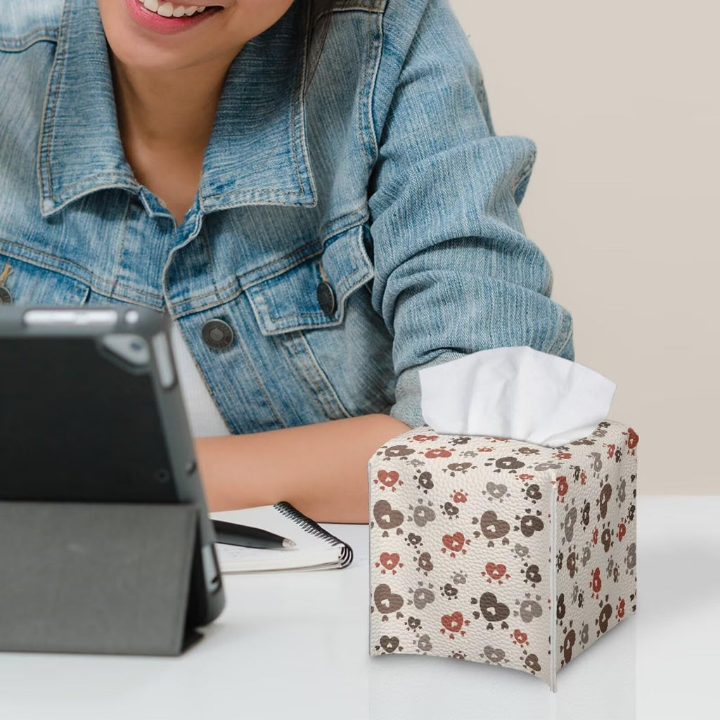 Pzuqiu Brown Dog Paws Tissue Box Cover Holder Stylish PU Leather Square Tissue Box Cover with Metal Button Waterproof Napkin Holder for Home Office Car Bathroom Decor