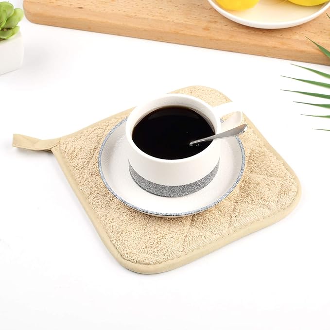 Lifaith Pot Holders for Kitchen, 100% Cotton Terry Pot Holder Set of 5, Heat Resistant Hot Pads for Cooking, Baking, Hot Dishes and Countertop Protection,Light Brown