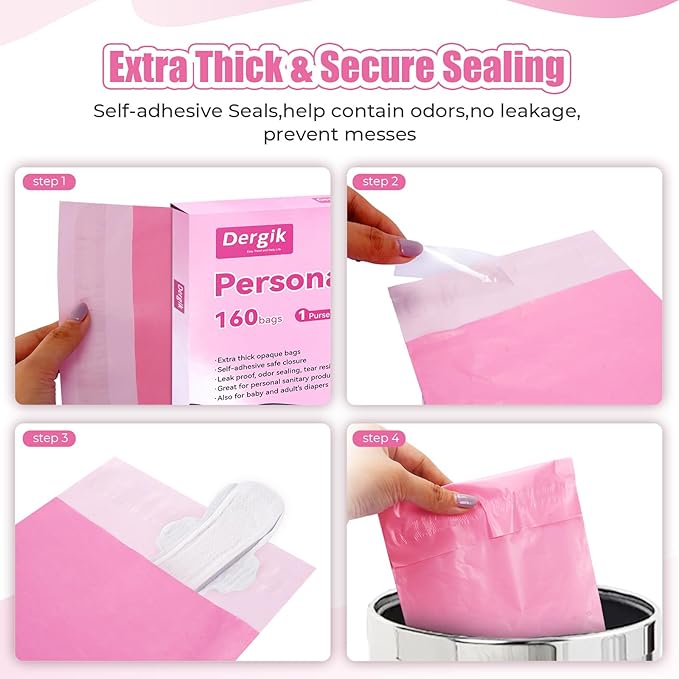 Sanitary Napkin Individual Disposal Bags, 160 Pcs Opaque Personal Care Disposable Bag, Secure Closure, Odor Control, for Pads, Tampons, Women Period Small Trash Bag,With Purse Pouch, Pink