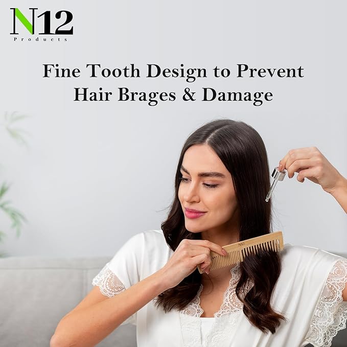 N12 Bamboo Wooden Hair Comb Set of 3 Fine & Wide Tooth Anti Frizz Detangler 17.5 cm