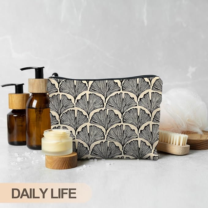 RYYCDOI Abstract Black and Beige Makeup Bag, Art Deco Feather Palm Botanical Cosmetic Bags for Women, Mid Century Modern Art Zipper Makeup Pouch
