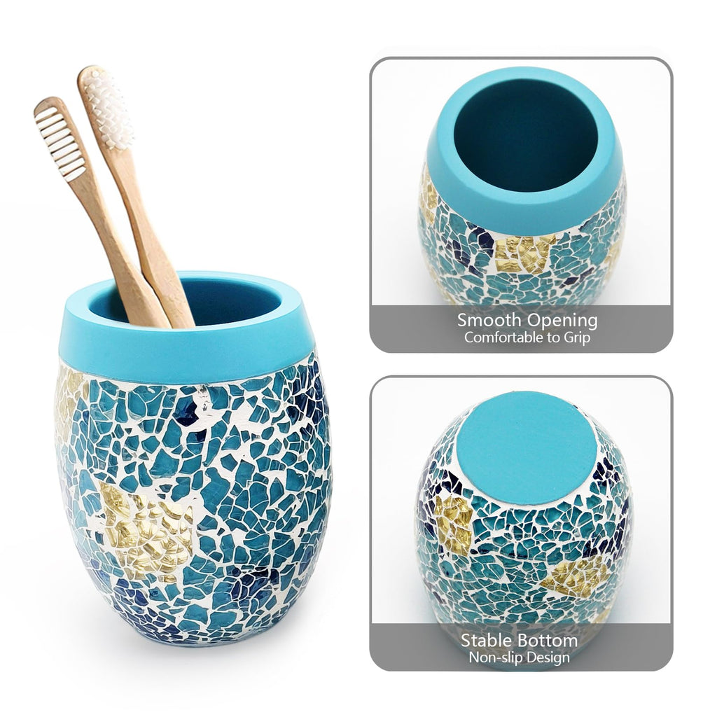 Handmade Blue Mosaic Glass Bathroom Accessory Sets 4PCS Bathroom Accessories Set Complete Includes Lotion Dispenser Toothbrush Holder Tumbler Cup & Soal Dish