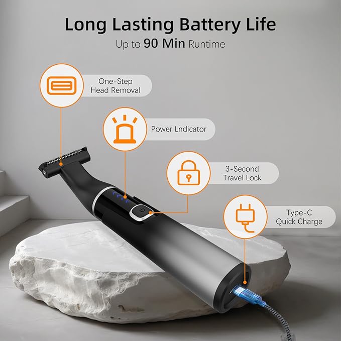 RUIM Men's 3-in-1 Body Groomer | Waterproof Electric Shaver for Groin & Sensitive Areas | Painless Wet/Dry Use with Nose & Eyebrow Trimmer | 8-Head Kit for Chest, Back, Body Hair