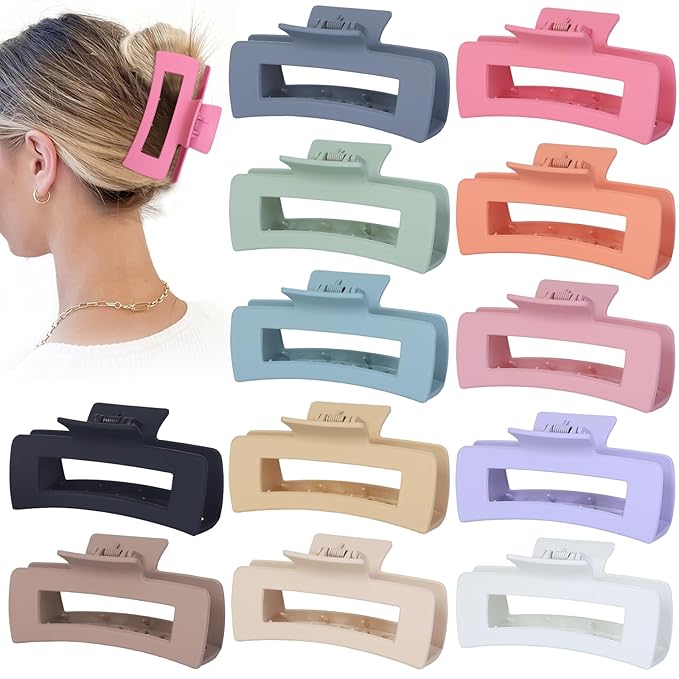 Sisiaipu 4.1 Inch Jumbo Hair Clips - 12 Pcs Colorful Square Jaw Clips for Thick Hair, Women and Girls Hair Accessories