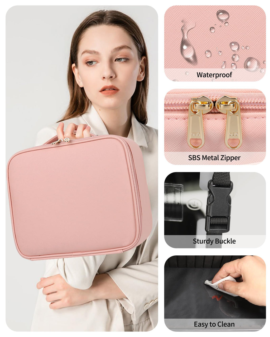 TANTO Makeup Bag With LED Mirror, Travel Makeup Case with Light up Mirror Large Cosmetic Case with 3 Color Lighted Portable Professional Organizer Bag with Adjustable Dividers（Pink）