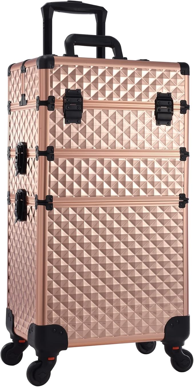 Adazzo 3 in 1 Professional Rolling Makeup Train Case Aluminum Trolley Case with 360° Rotation Wheels for Makuep Artist Cosmetic Suitcase Organizer with Lock and Key Diamond Pattern - Rose Gold