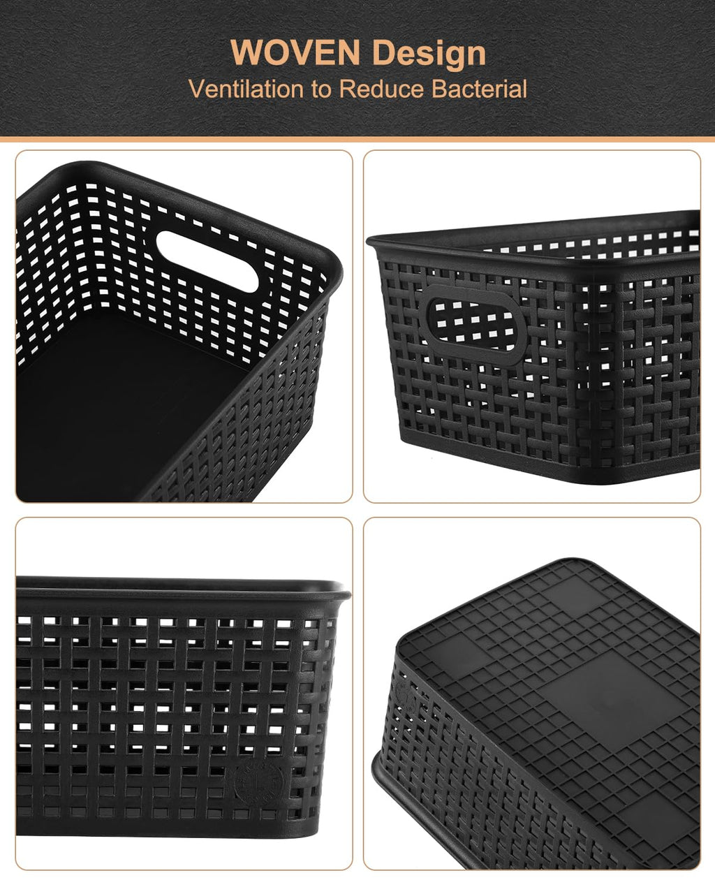 Storage Bins Plastic Storage Baskets With Lid Small Baskets for Organizing Stackable Storage Container Organizer Bins for Shelves Drawers Desktop Playroom Classroom Office, 6 Pack,Black