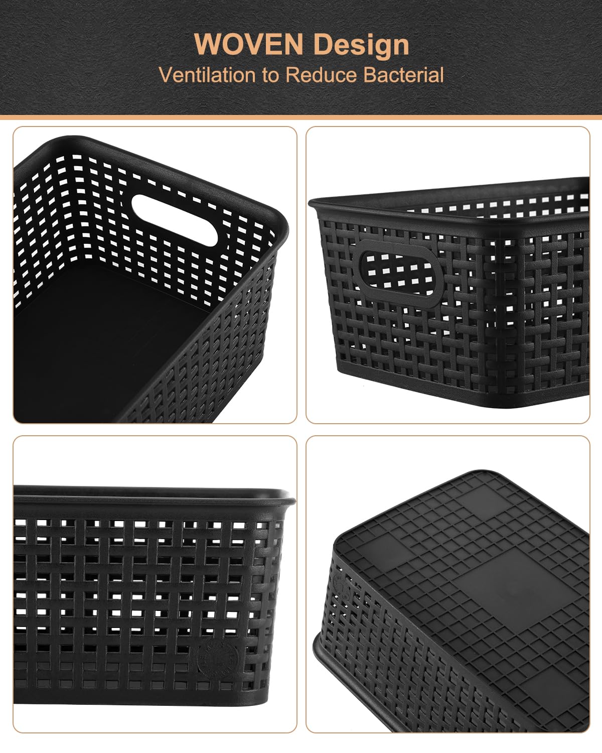 Storage Bins Plastic Storage Baskets With Lid Small Baskets for Organizing Stackable Storage Container Organizer Bins for Shelves Drawers Desktop Playroom Classroom Office, 6 Pack,Black