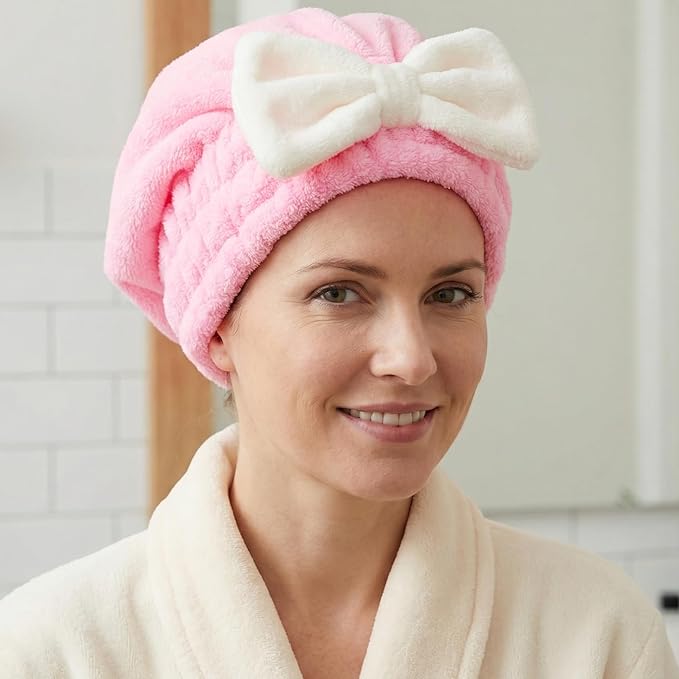 YALOJE 2 Pcs Hair Towel Wrap for Women, Microfiber Quick-Drying Hair Towel, Super Absorbent Soft Towel Wrap for Wet Hair Caps with Bow for Women Bathroom Bag- Pink, Blue
