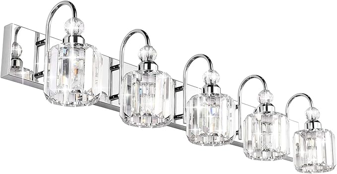 Ralbay Modern LED Crystal Bathroom Vanity Lights 5-Lights Stainless Steel Crystal Vanity Lights Over Mirror Modern Crystal Bathroom Vanity Lighting Fixtures
