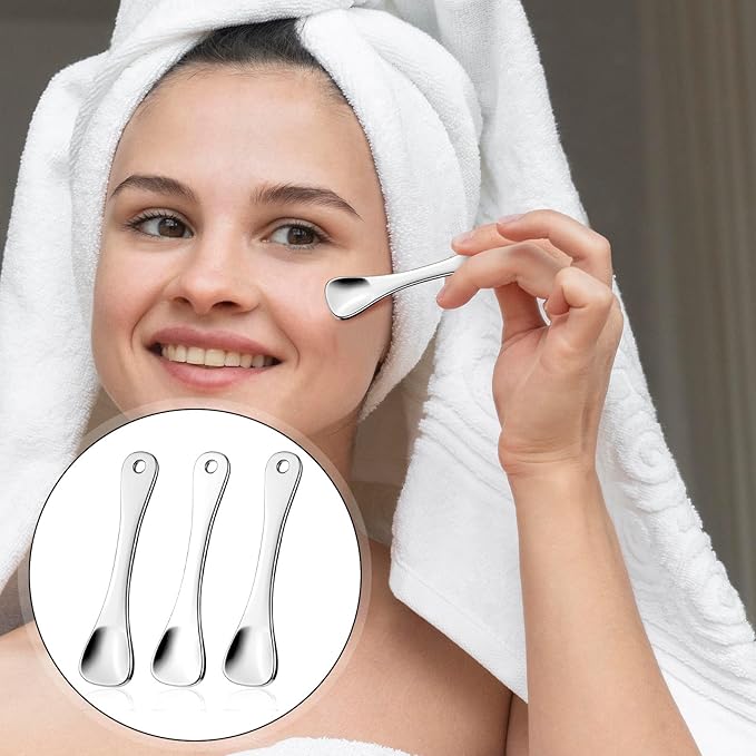 WY LIGHTING LEVEL 3Pcs Mini Skin Care Spoons Reusable Cosmetic Scoop Massage Metal Makeup Spatula Face Cosmetic Applicator Scoop Beauty Cosmetic Tool for Cream Lotions Moisturizers Mixing (3 Silver)