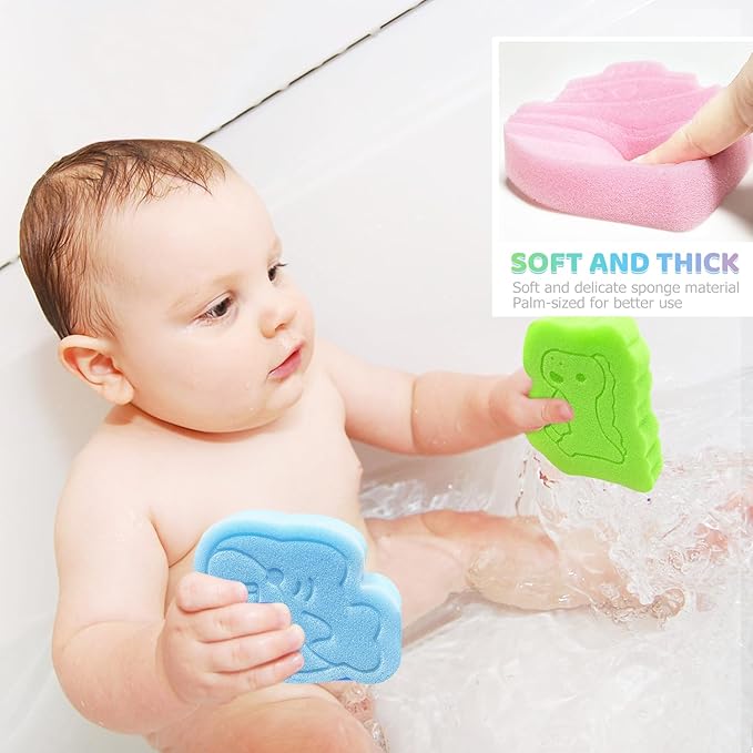 DANCELF Baby Bath Sponge, Natural Cute Shapes Soft Shower Sponges for Bathing, Bathtub Foam for Infants and Toddler, 3pcs: Blue Whale, Pink Ship, Green Dinosaur