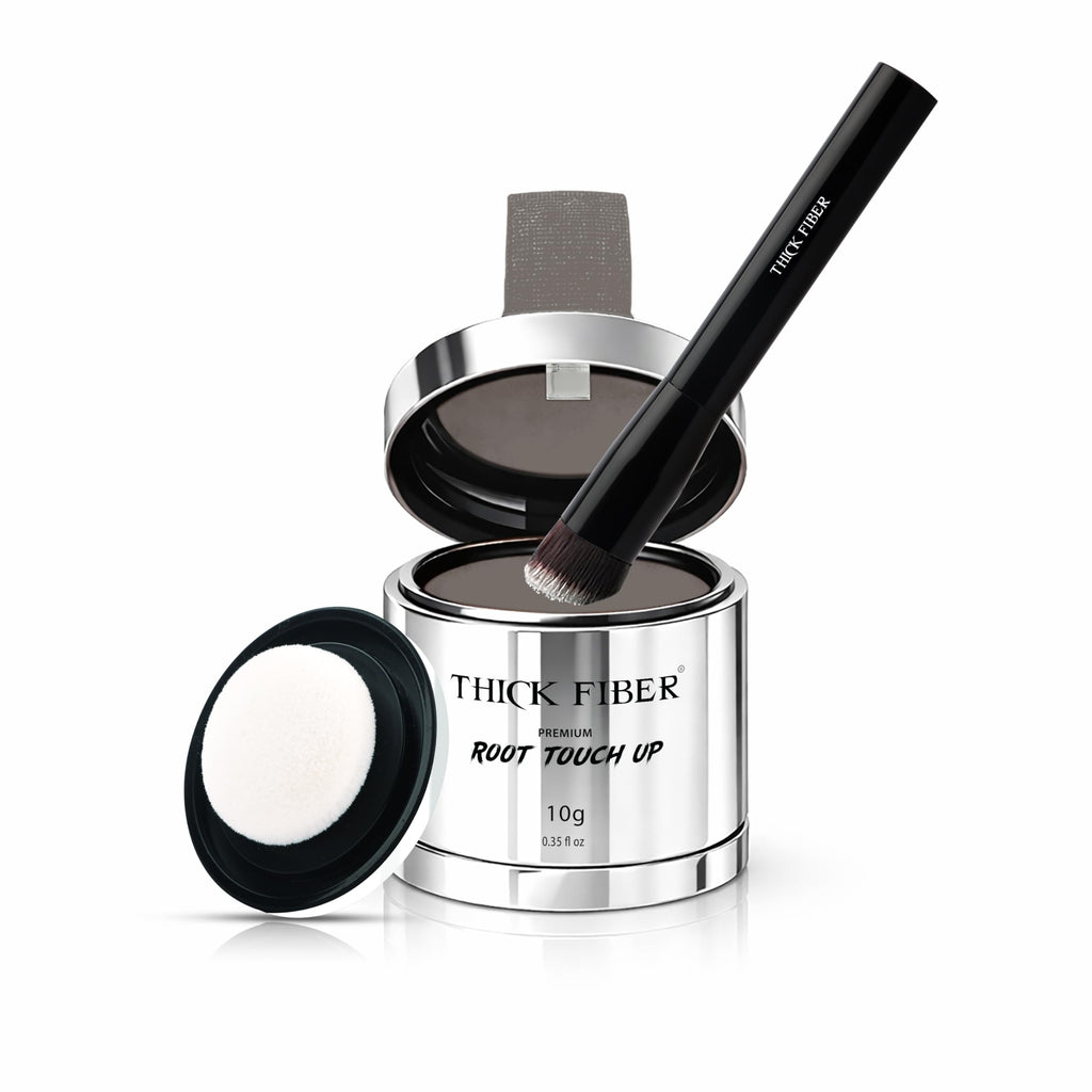 THICK FIBER Root Touch Up Powder with Brush – Covers Grey Roots, Thinning Hair & Bald Spots – Sweat & Water Resistant for Men & Women (Gray, 0.35 Ounce (Pack of 1))