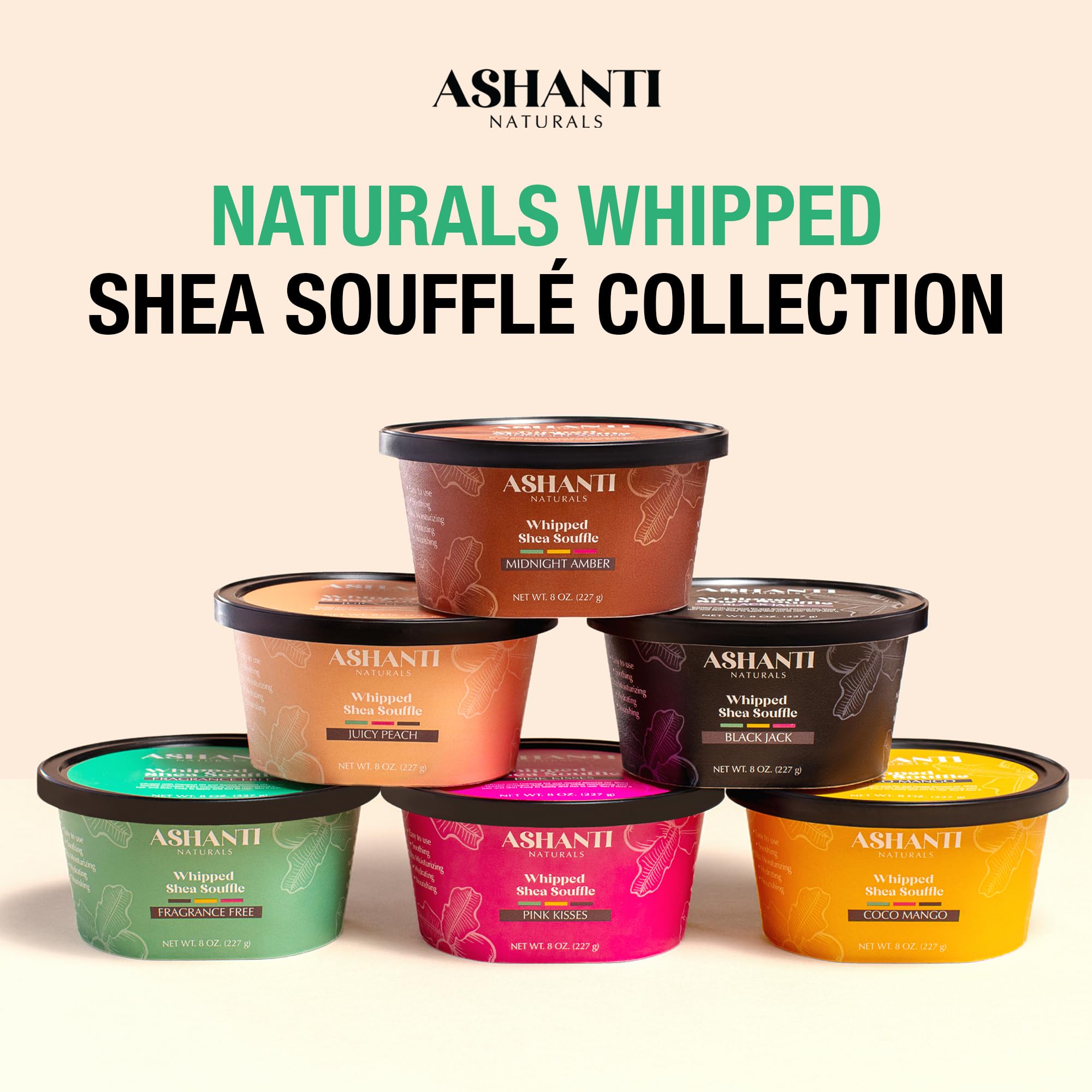 Ashanti Naturals Scented Whipped Shea Butter for Skin | African Body Butter for Women w/Coconut, Almond Oil(Fragrance Free Souffle, 8 oz)