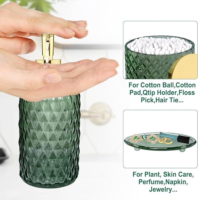 Haturi Bathroom Accessories Set, 4Pcs Sage Green Glass Bathroom Set Complete w/Bathroom Soap Dispenser Set, Toothbrush Holder, Qtip Holder, Soap Dish, Green Bathroom Decor, Gift for Home Apartment
