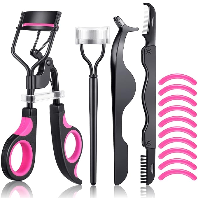 14 Pieces Eyelash Curler Kit Eyelash Comb Eyebrow Brush Tweezers False Eyelashes Applicator Tool Eyebrow Trimmer Silicone Refills Pads for Women(Black and Purple)