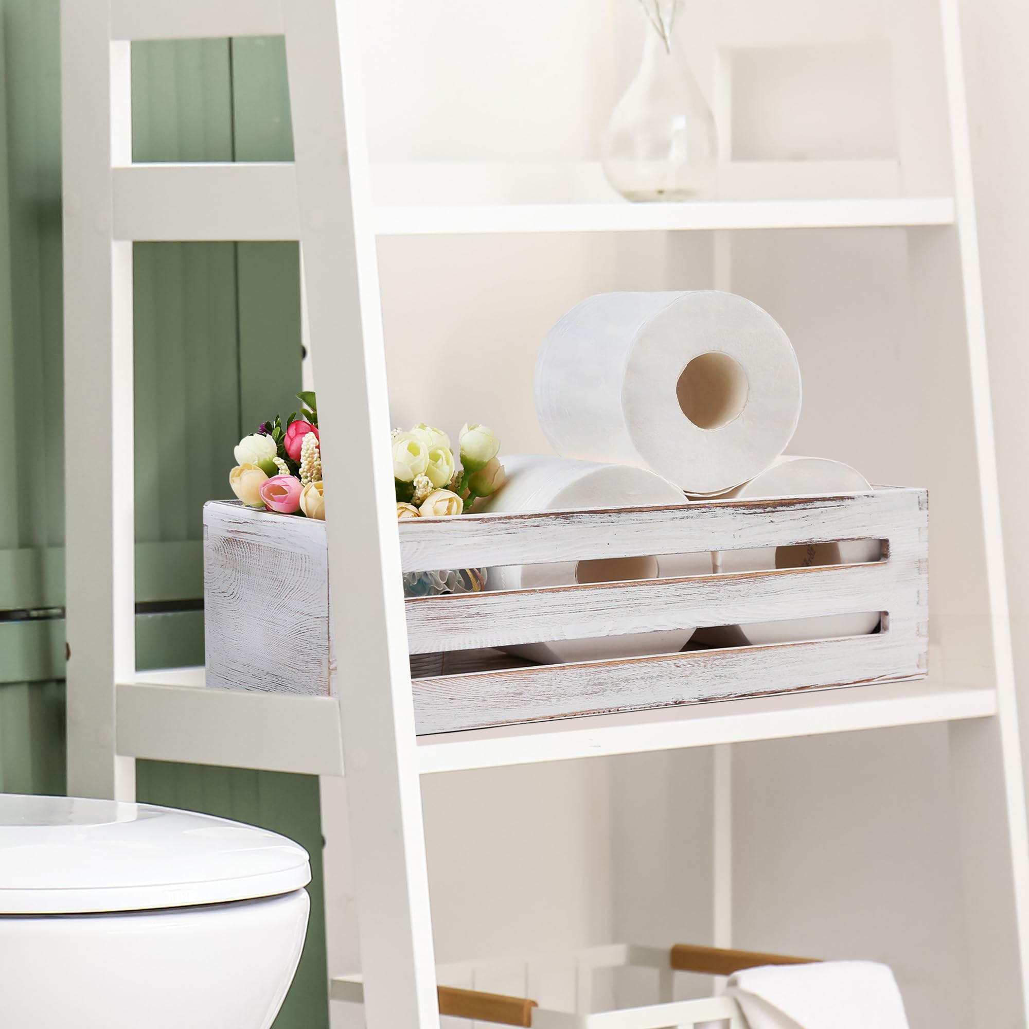 LotFancy Bathroom Decor Box, 2 Pack Wooden Toilet Paper Holder, White Toilet Storage Basket for Back of Toilet, Farmhouse Toilet Tank Topper