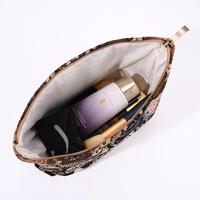 BOCGRPU 2PCS Makeup Bag Small Cute Cosmetic Bags for Women，Bear Pattern Travel Toiletry Bag for Purse, Large Canvas Cosmetic Pouch Makeup Organizer Tool Pouch with Zipper（Bear Brown）