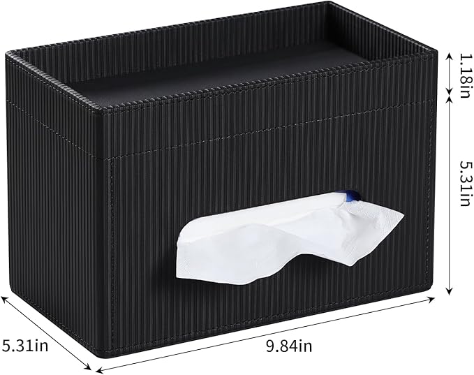 Tissue Box Cover Rectangle with Storage Tray, PU Leather Tissue Holder for Bathroom Vanity Countertop Night Stands Bedroom Office Desk, Stylish Rectangular Tissue Box Holder (Black)