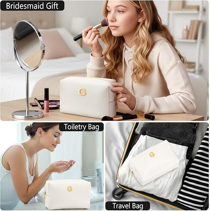 Kigeli Gifts for Women Teen Girls Gifts for Bridesmaid Mom Teachers Graduation Birthday Wedding Personalized Initial Makeup Bag Beige PU Leather Monogram Cosmetic Waterproof Travel Toiletry Bag(G)
