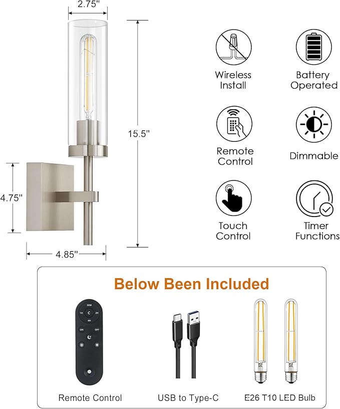 SANTOSTOCK Brushed Nickel Battery Operated Wall Sconces with Remote Control, Wireless Wall Sconce Set of 2, Rechargeable Cordless Wall Lights for Living Room Bathroom Hallway Entryway Stairwell, 3000K