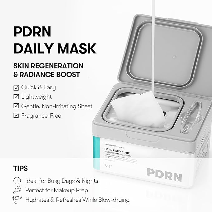 VT COSMETICS PDRN Daily Hydrating 30 Sheets Mask, Vegan PDRN Face Masks with Ceramide, Hyaluronic Acid & Panthenol, Ultra-Thin Moisturizing Mask for Glass Skin & Daily Hydration, Korean Skincare