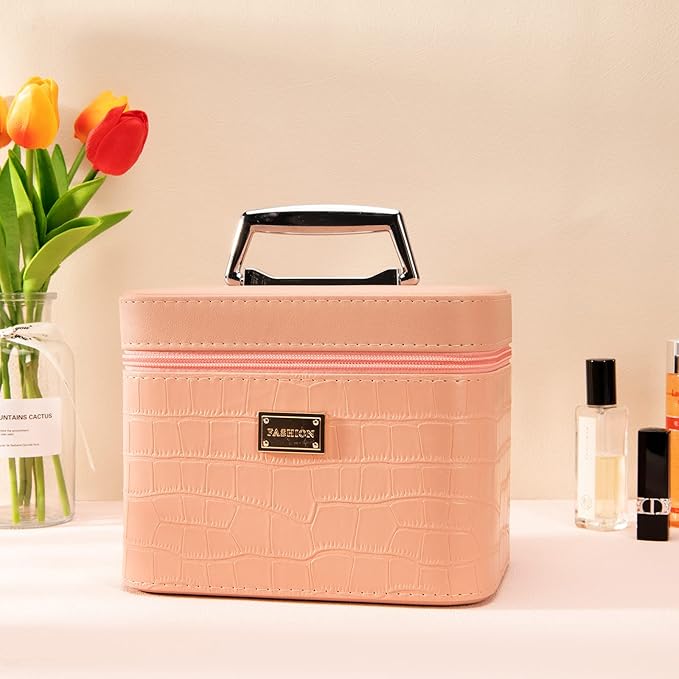 Sluxa Fashion makeup box, Portable leather hard cosmetic case with mirror, Professional train case make up box for women adults. (Pink)