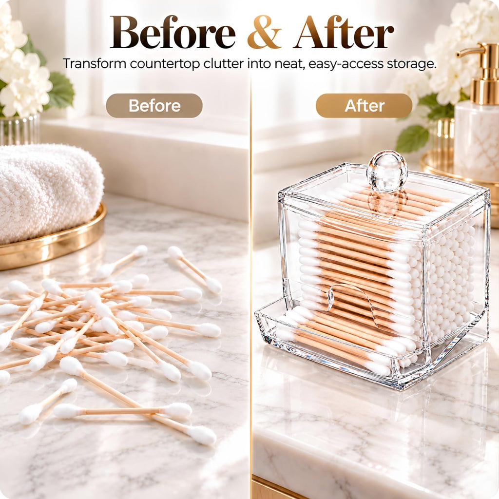MOSIKER 10oz Qtip Holder, Clear Acrylic Cotton Swab Dispenser with Lid