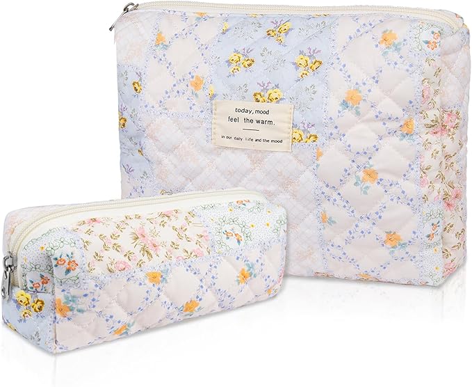Gosect 2PC Makeup Bag Set, Cute Cosmetic Bag for Women Girls, Floral Coquette Aesthetic Toiletry Bag, Travel Make Up Organizer Bag (Folk Style)