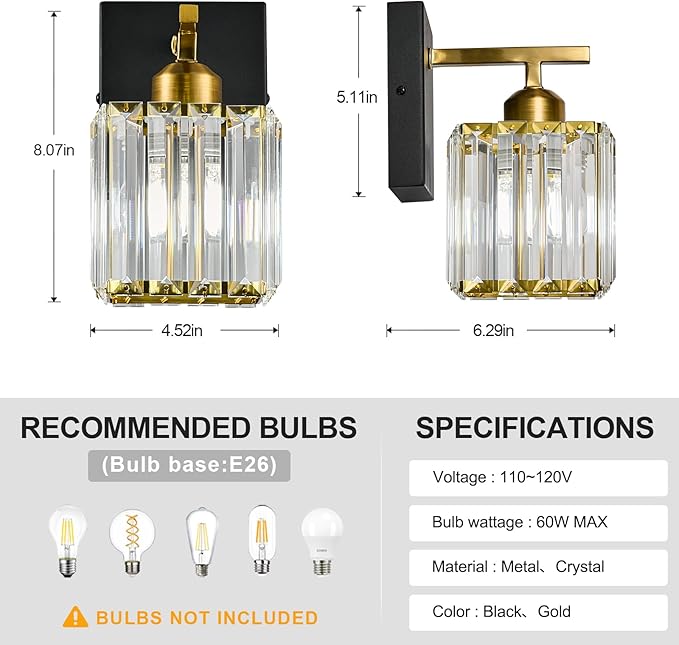Modern Wall Sconce Set of Two Indoor Wall Lamp Black Gold Wall Sconces Crystal Wall Light Bathroom Vanity Light Fixtures Wall Mounted Room Sconce Wall Lighting