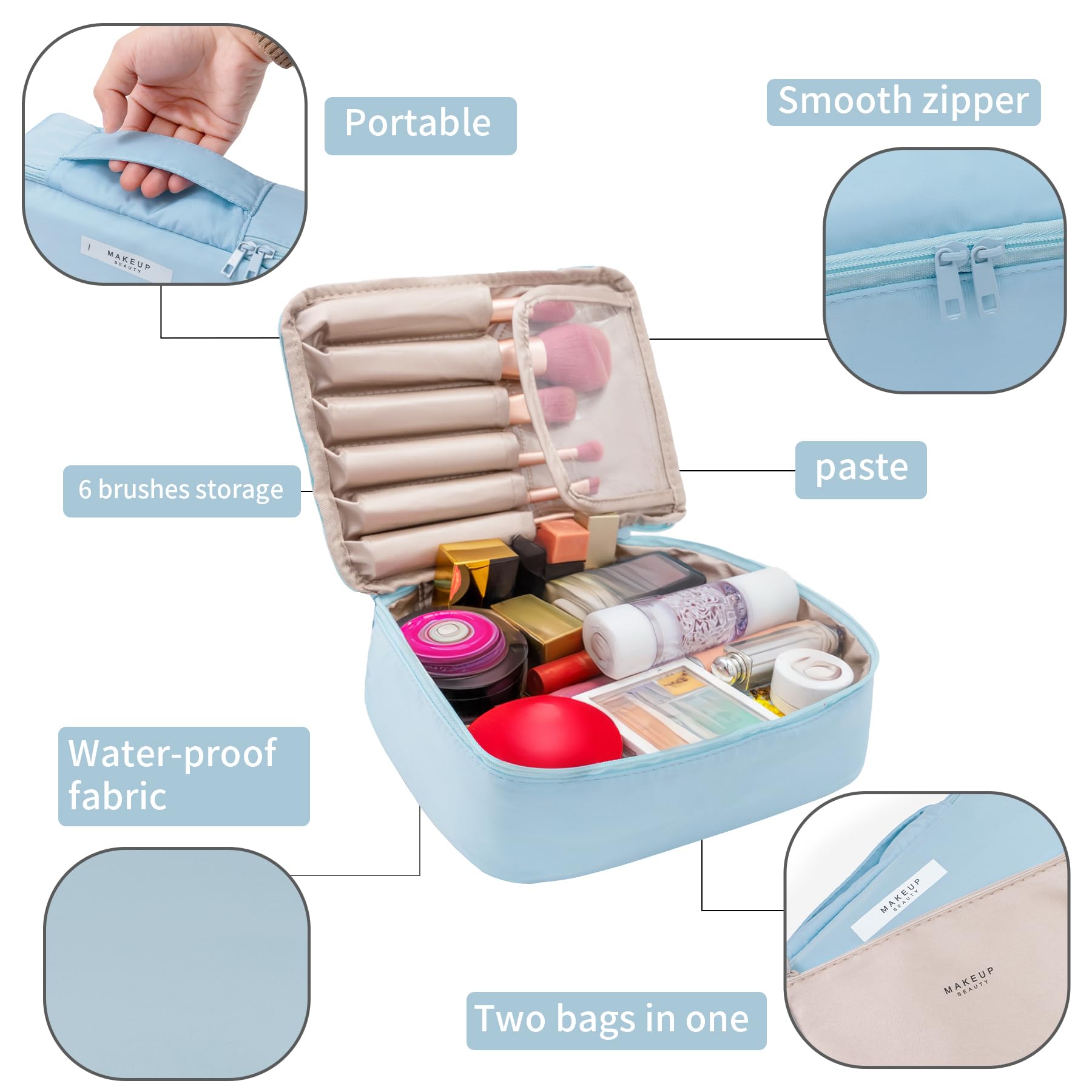 Queboom Travel Makeup Bag Cosmetic Bag Makeup Bag Toiletry bag for women and men (Blue)
