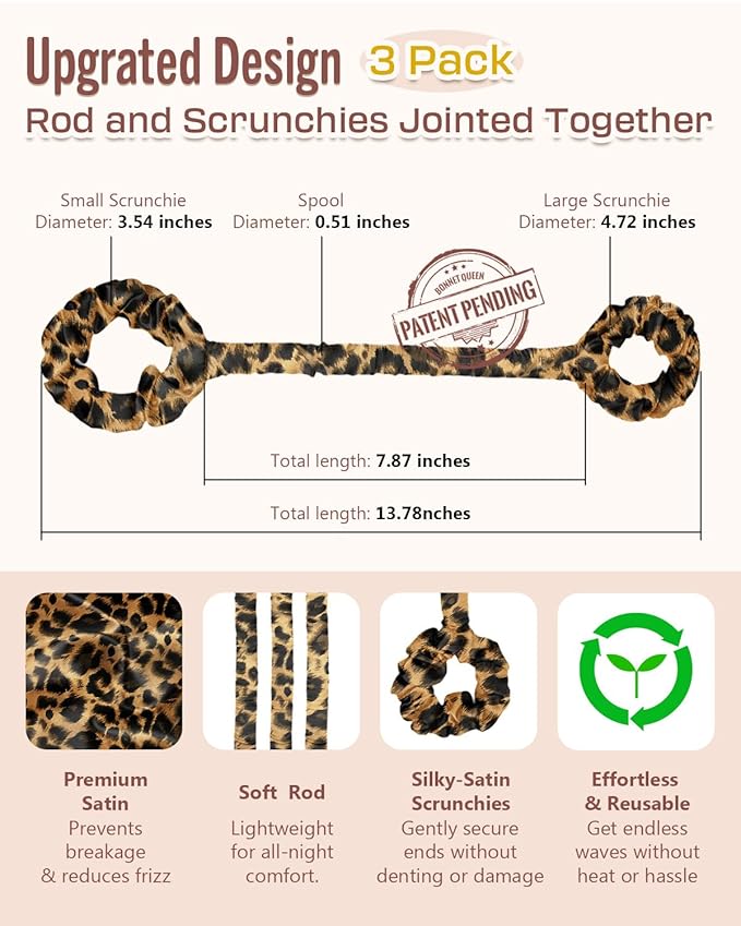 BONNET QUEEN 3 Pack Small Satin Heatless Hair Curler for Short Hair, Heatless Curls Overnight, Hair Curlers to Sleep In, Damage-Free Small Curls with Built-in Scrunchie, Leopard