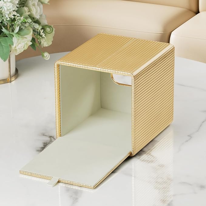 Gold Tissue Box Cover Square with Magnetic Closure, PU Leather Tissue Box Holder for Bathroom NightStands Livingroom, Decorative Modern Square Tissue Holder (Gold)