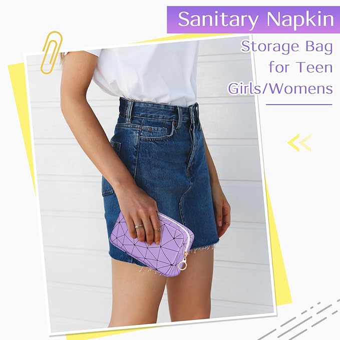 Likesing Period Bag for Teen Girls, Leather Sanitary Napkin Storage Bag, Portable Menstrual Pad Bag Period Pads Pouch, Small Make Up Bags (Purple)