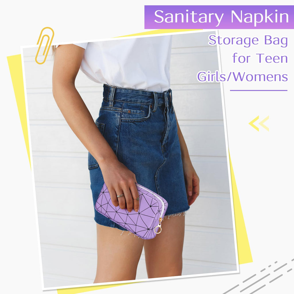 Likesing Period Bag for Teen Girls, Leather Sanitary Napkin Storage Bag, Portable Menstrual Pad Bag Period Pads Pouch, Small Make Up Bags (Purple)