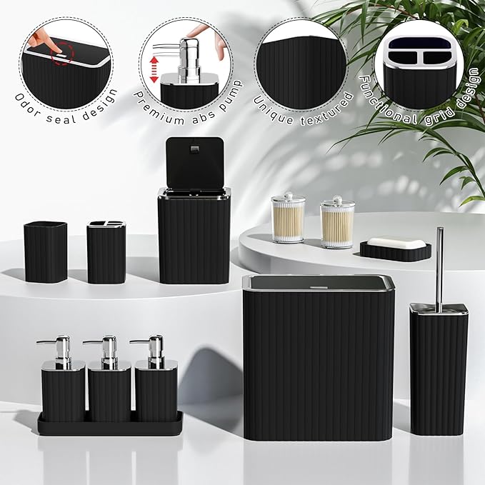 InnJoey Bathroom Accessory Set - Bathroom Set, 27PC Bathroom Accessories Set, Black Bathroom Sets with Shower Curtain and Rugs, Mini Trash Can, Toilet Brush, Trash Can & Soap Dispenser